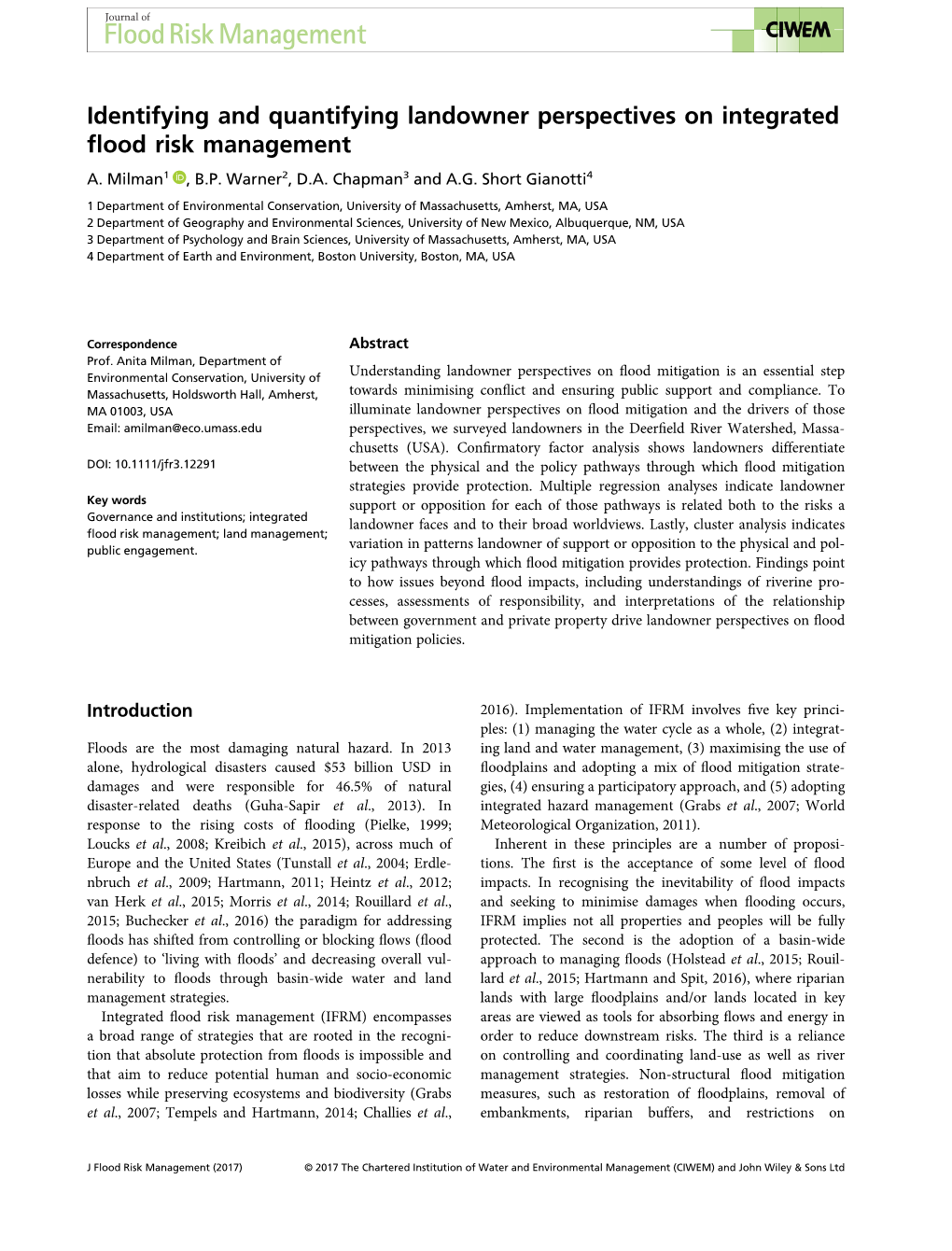 Identifying and Quantifying Landowner Perspectives on Integrated ﬂood Risk Management A