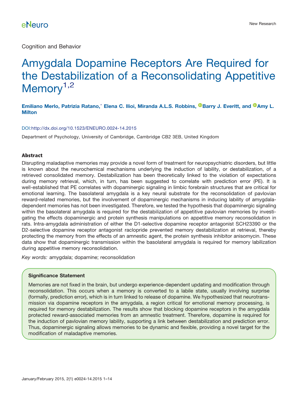 Amygdala Dopamine Receptors Are Required for the Destabilization of a Reconsolidating Appetitive Memory1,2