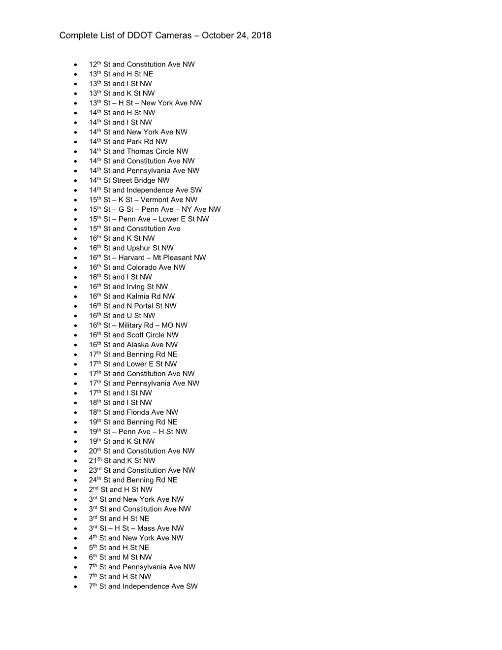 Complete List of DDOT Cameras – October 24, 2018