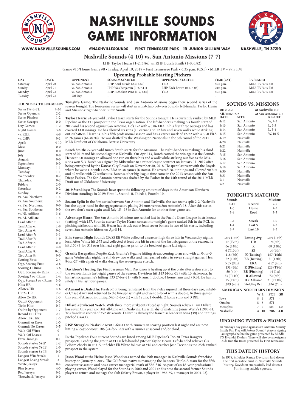 Nashville Sounds Game Information @Nashvillesounds First Tennessee Park 19 Junior Gilliam Way Nashville, TN 37219 Nashville Sounds (4-10) Vs