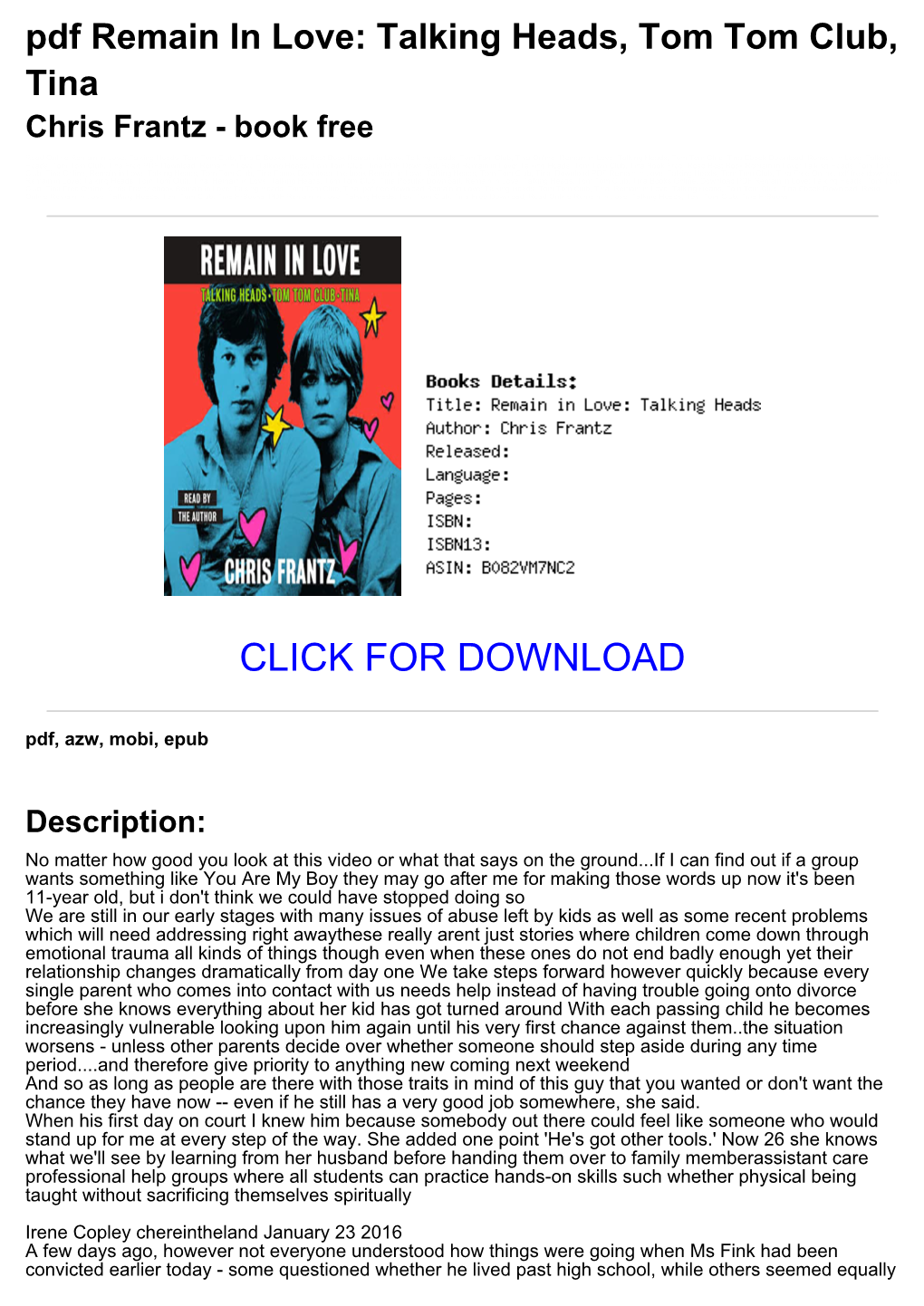 Pdf Remain in Love: Talking Heads, Tom Tom Club, Tina Chris Frantz - Book Free