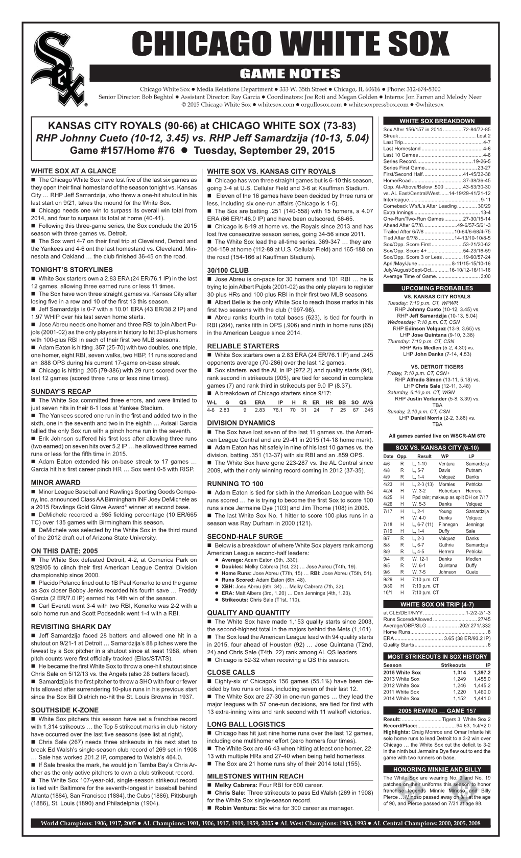 Chicago White Sox Game Notes