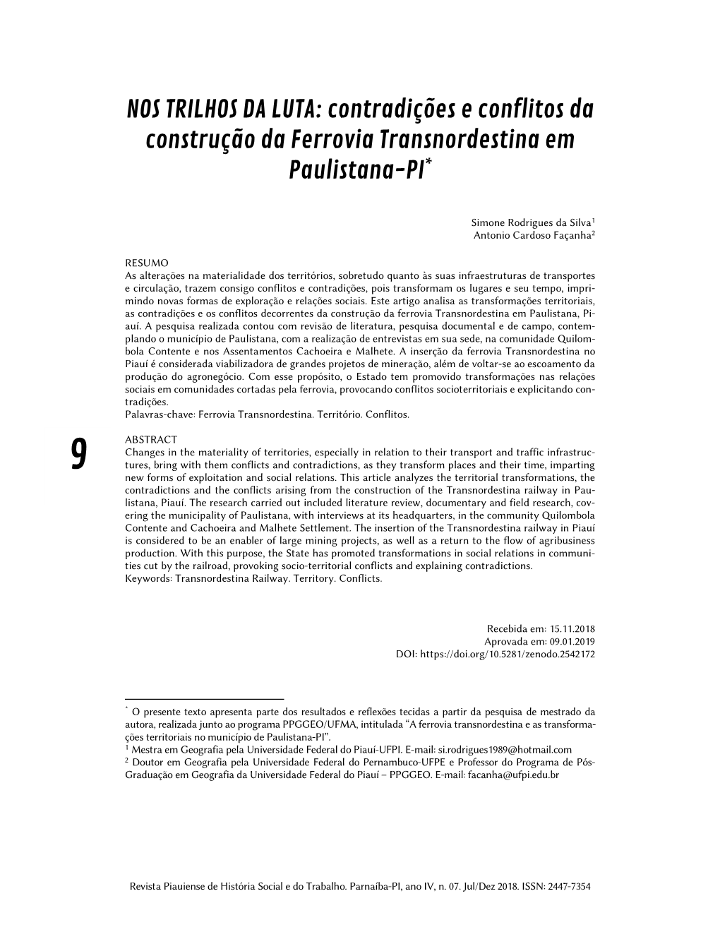 NOS TRILHOS DA LUTA: Contradições E Conflitos Da Construção Da Ferrovia Transnordestina Em Paulistana-PI*