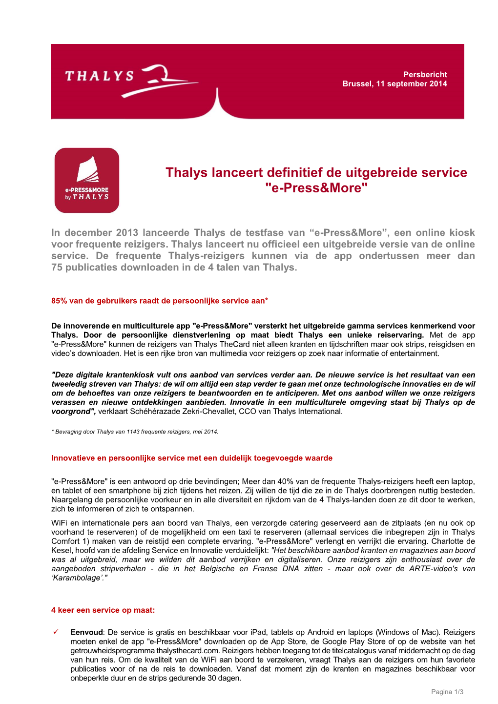 Thalys Lanceert Definitief De Uitgebreide Service "E-Press&More"