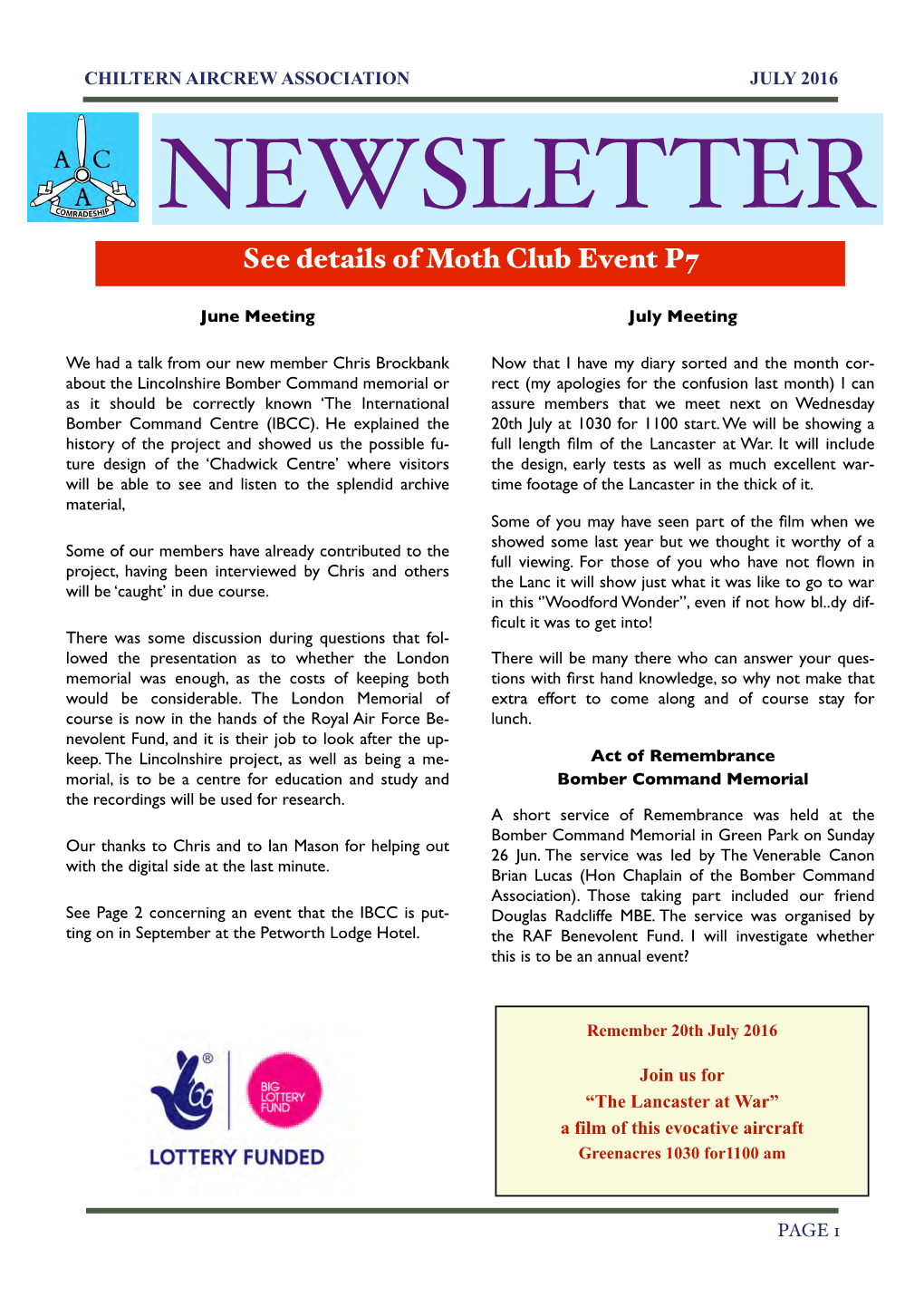 NEWSLETTER See Details of Moth Club Event P7