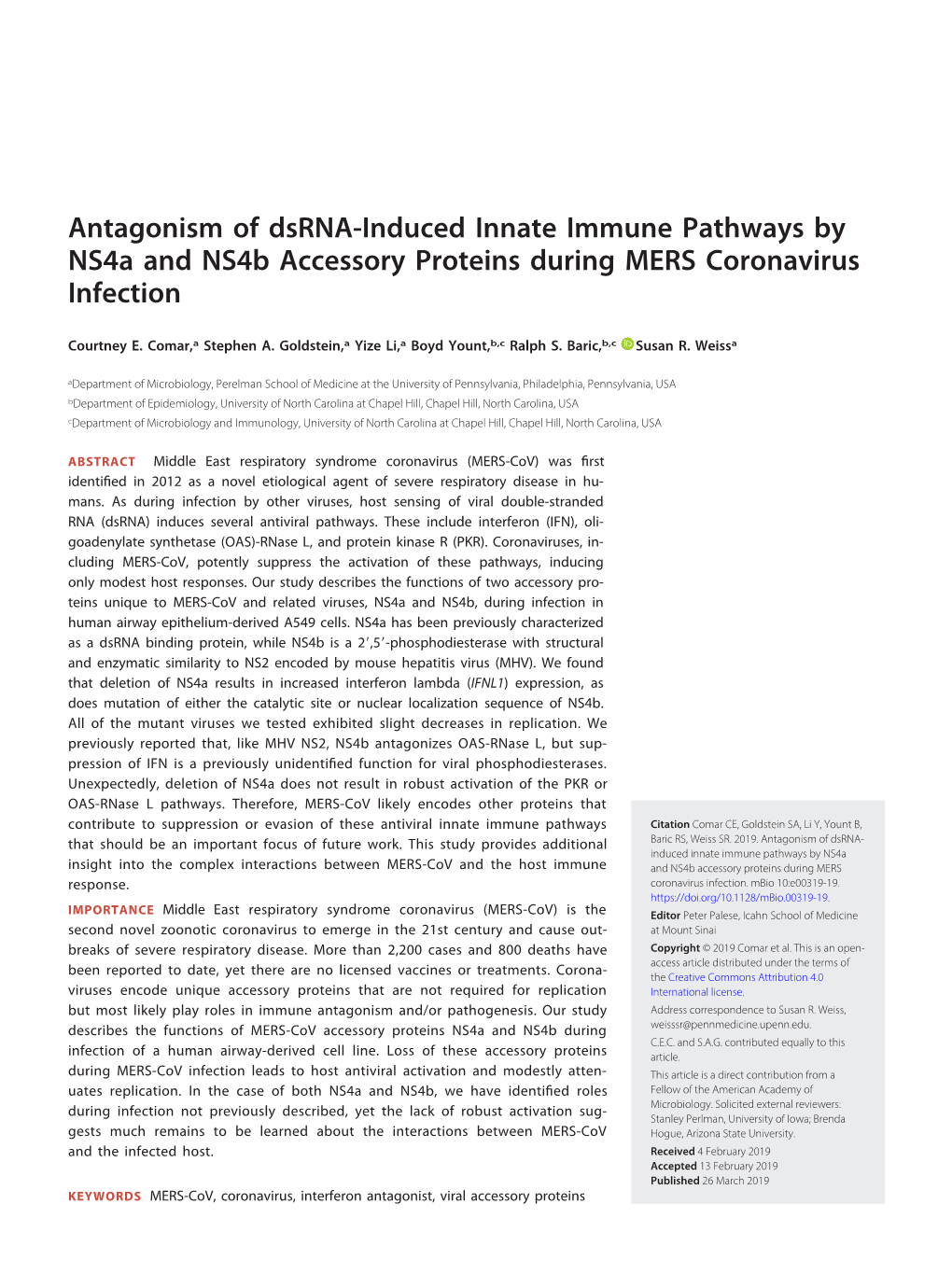 Antagonism of Dsrna-Induced Innate Immune Pathways by Ns4a and Ns4b Accessory Proteins During MERS Coronavirus Infection