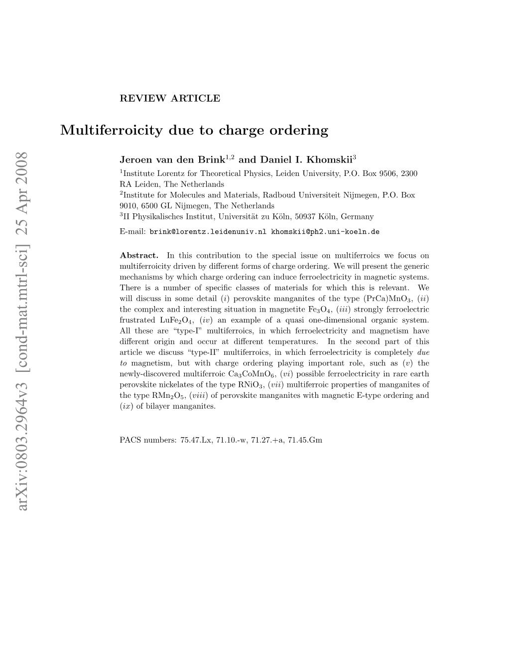 Multiferroicity Due to Charge Ordering