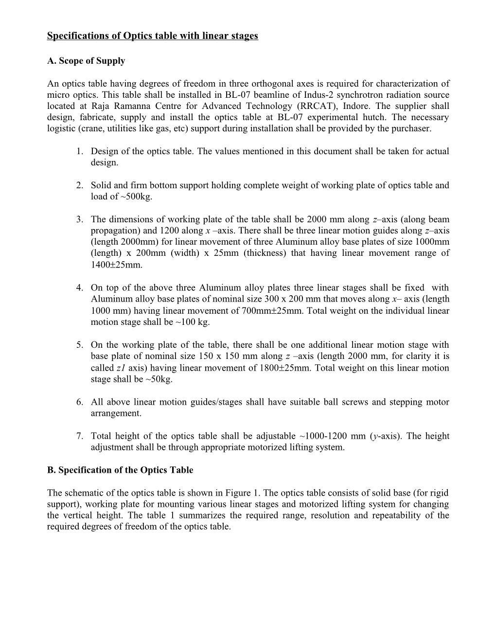Specifications of Optics Table with Linear Stages