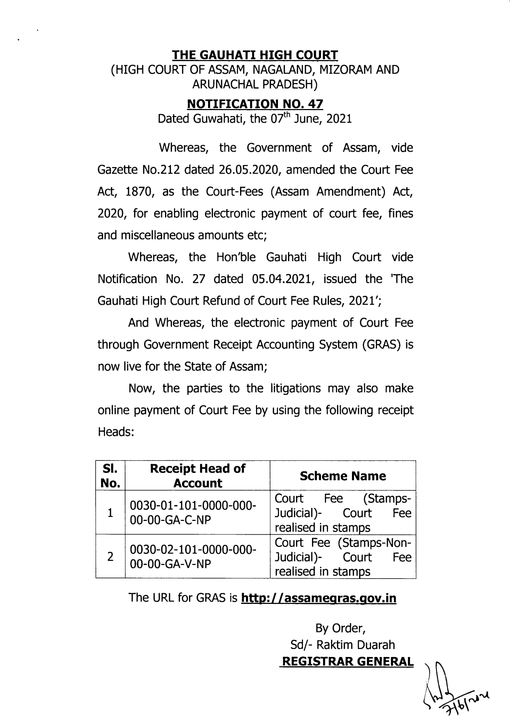 Notification Dated 07/06/2021 of the Hon'ble Gauhati High Court