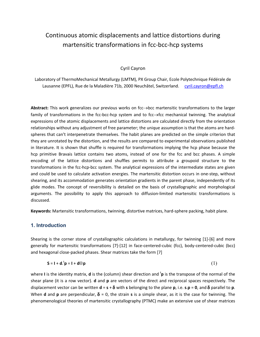 Continuous Atomic Displacements and Lattice Distortions During Martensitic Transformations in Fcc-Bcc-Hcp Systems
