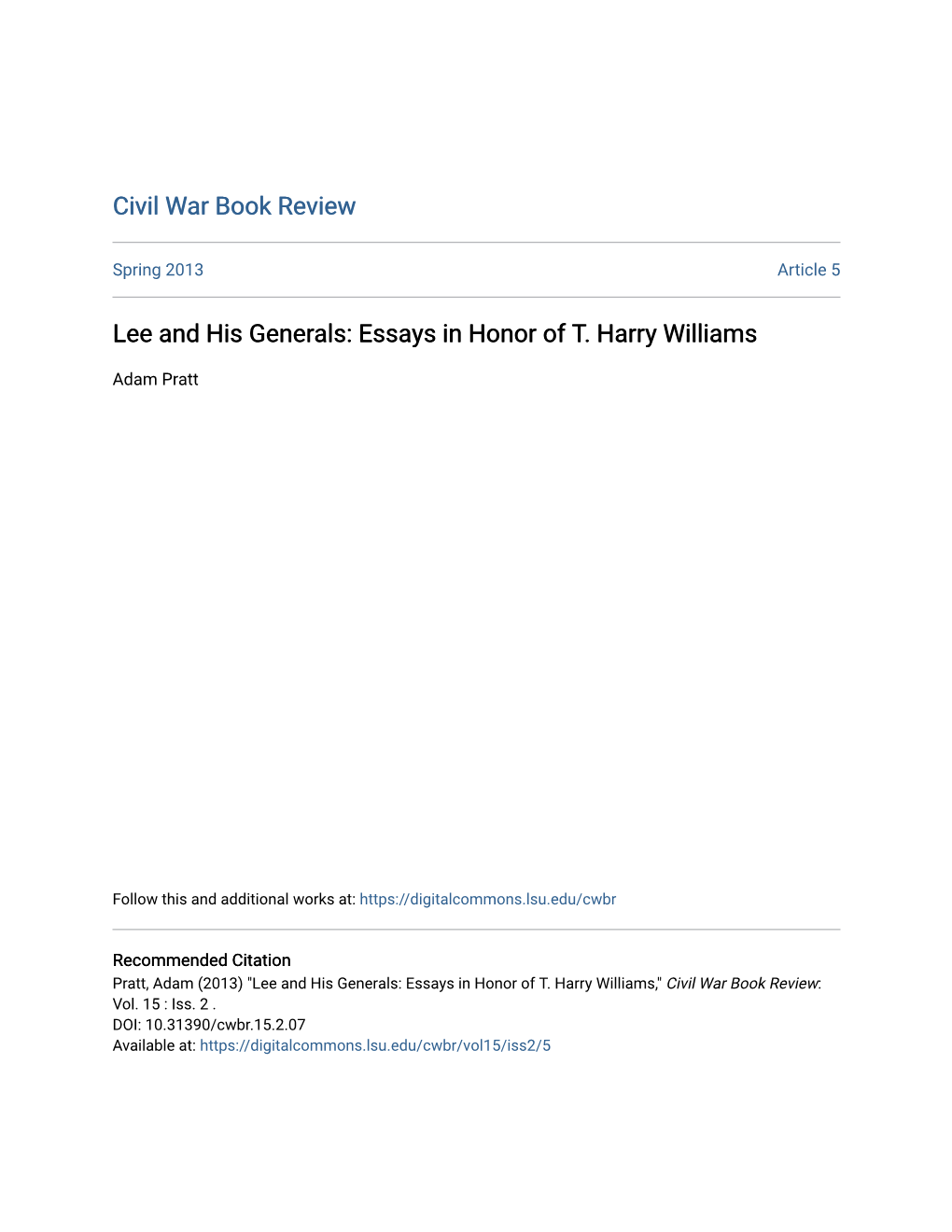 Lee and His Generals: Essays in Honor of T. Harry Williams