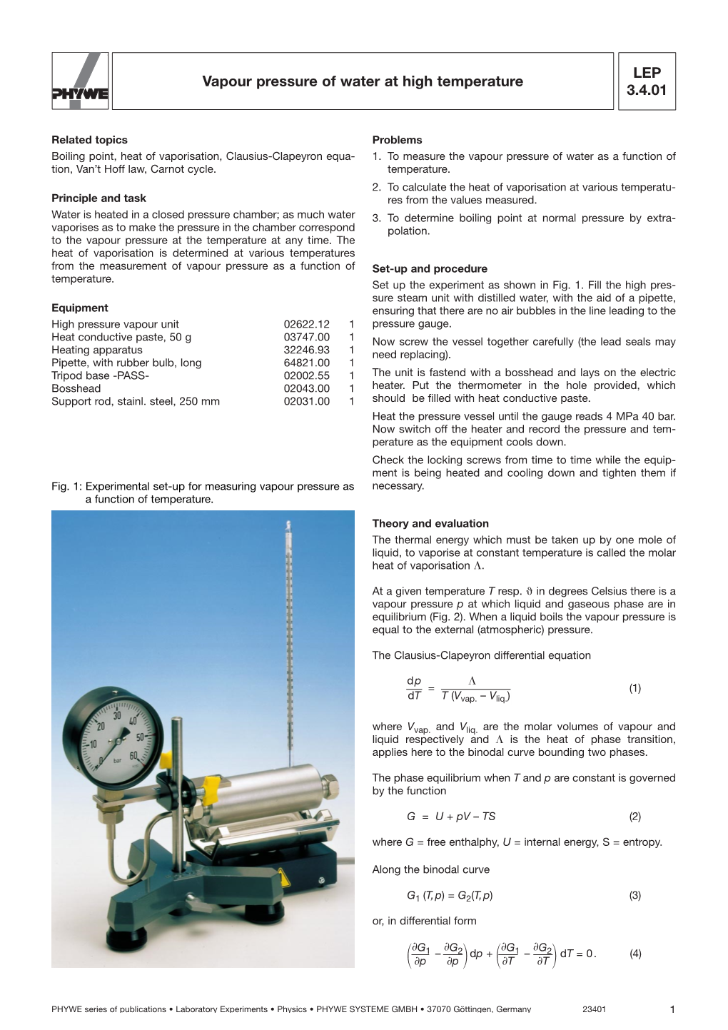 LEP 3.4.01 Vapour Pressure of Water at High Temperature