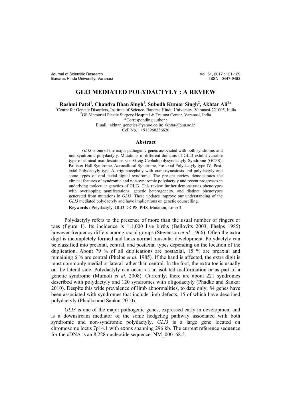 Gli3 Mediated Polydactyly : a Review