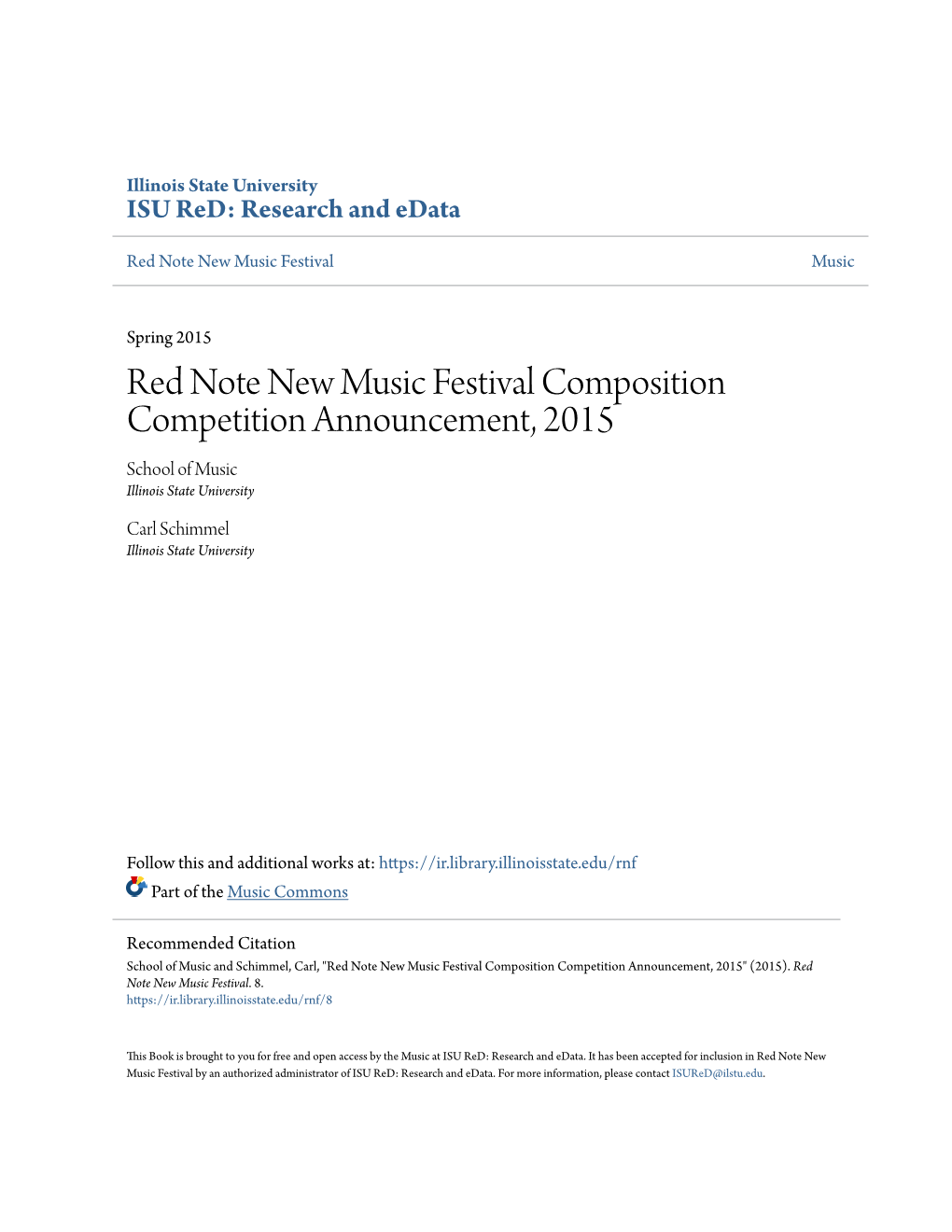 Red Note New Music Festival Composition Competition Announcement, 2015 School of Music Illinois State University