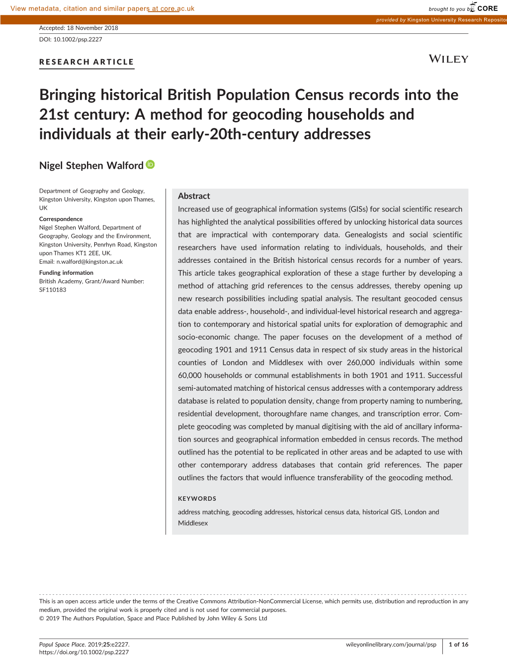 Bringing Historical British Population Census Records Into the 21St Century: a Method for Geocoding Households and Individuals at Their Early‐20Th‐Century Addresses