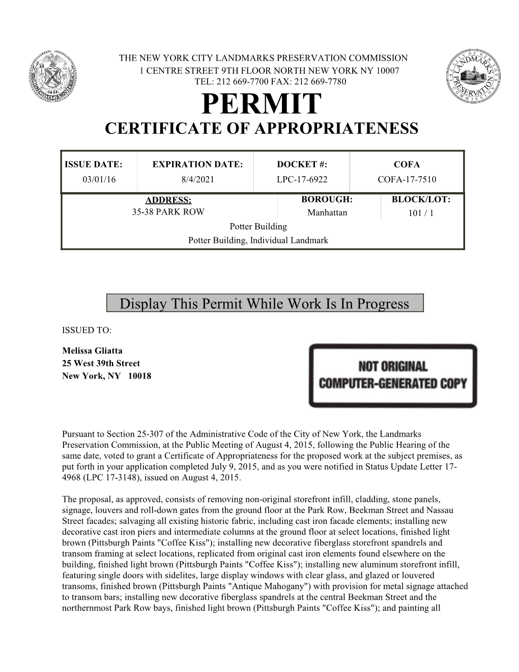 Permit Certificate of Appropriateness