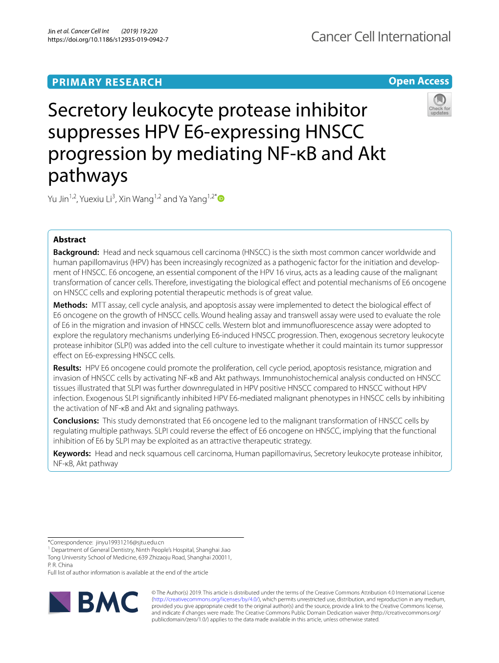 Secretory Leukocyte Protease Inhibitor Suppresses HPV E6-Expressing