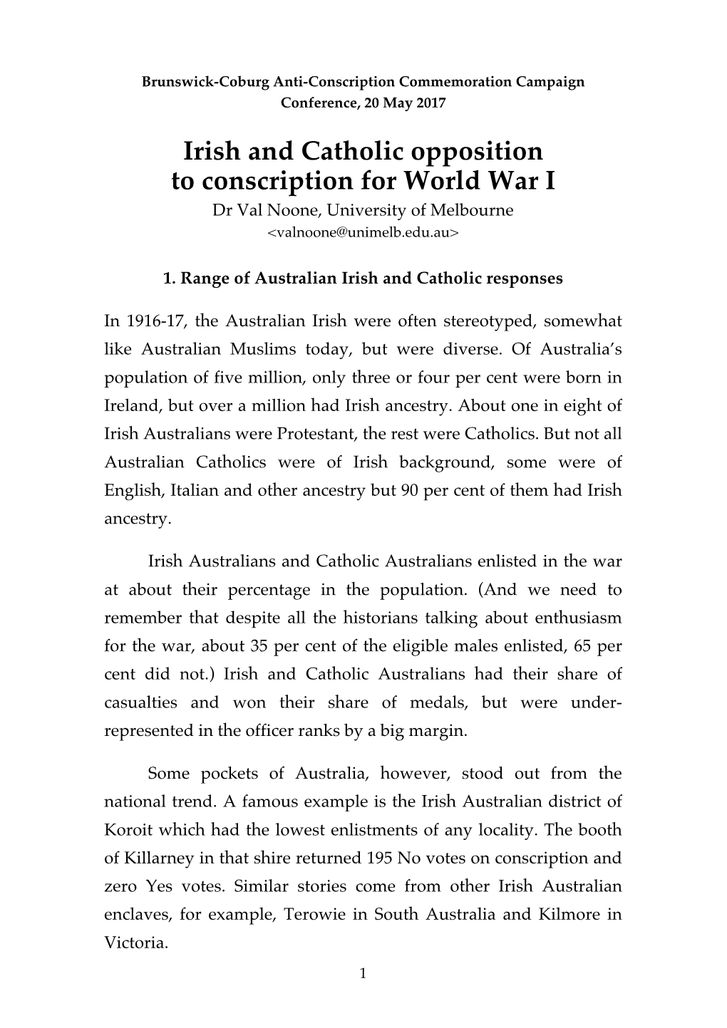 Irish and Catholic Opposition to Conscription for World War I