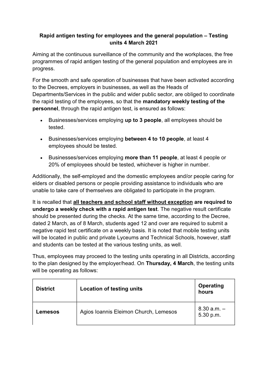 Rapid Antigen Testing for Employees and the General Population – Testing Units 4 March 2021