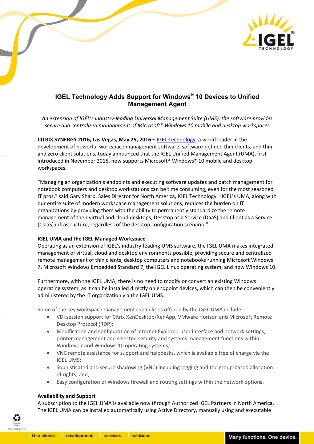IGEL Technology Adds Support for Windows® 10 Devices to Unified Management Agent