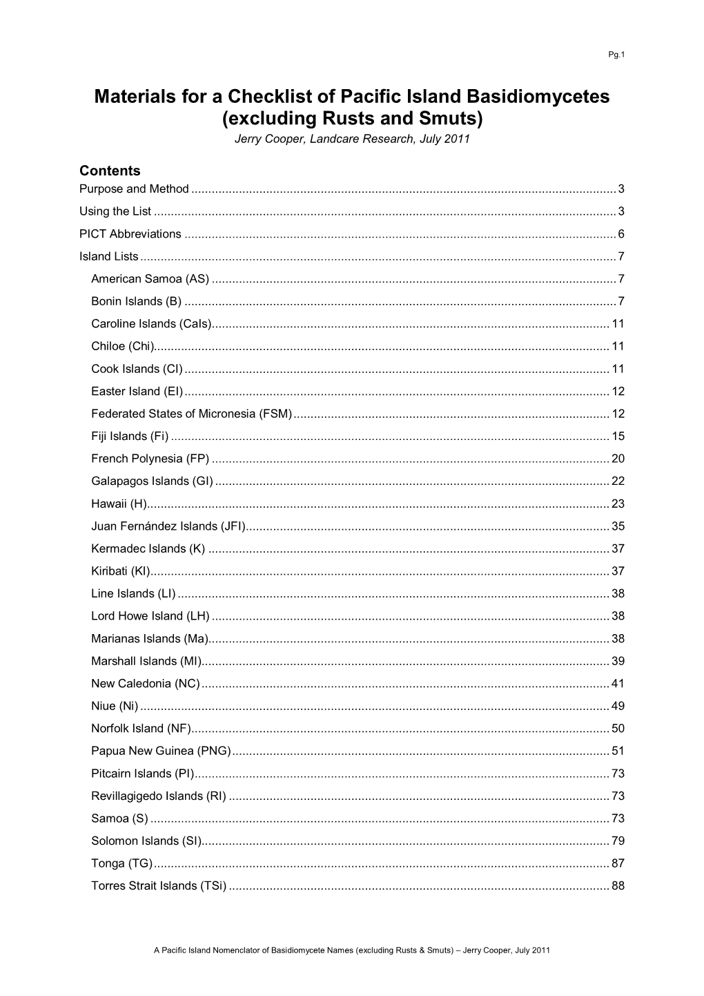 Checklist of Pacif Island Basidiomycetes