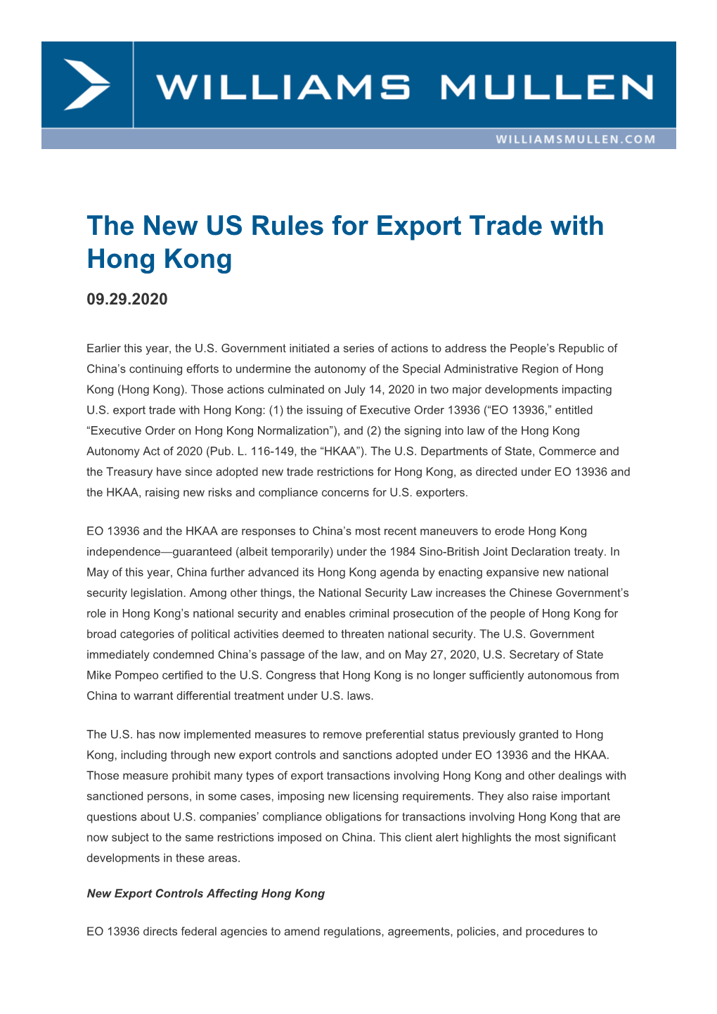 The New US Rules for Export Trade with Hong Kong