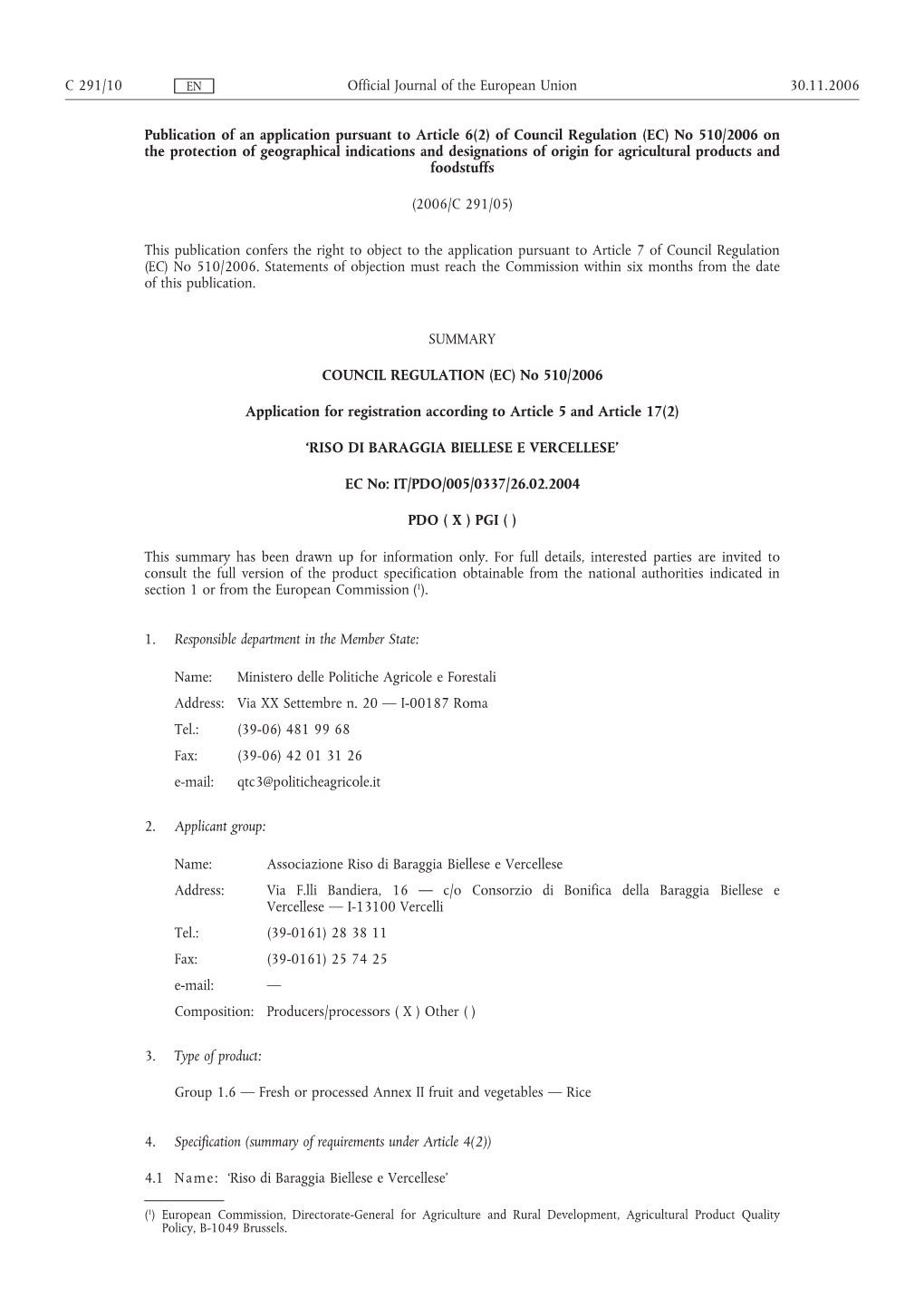 (EC) No 510/2006 on the Protection of Geographical Indications and Designations of Origin for Agricultural Products and Foodstuffs