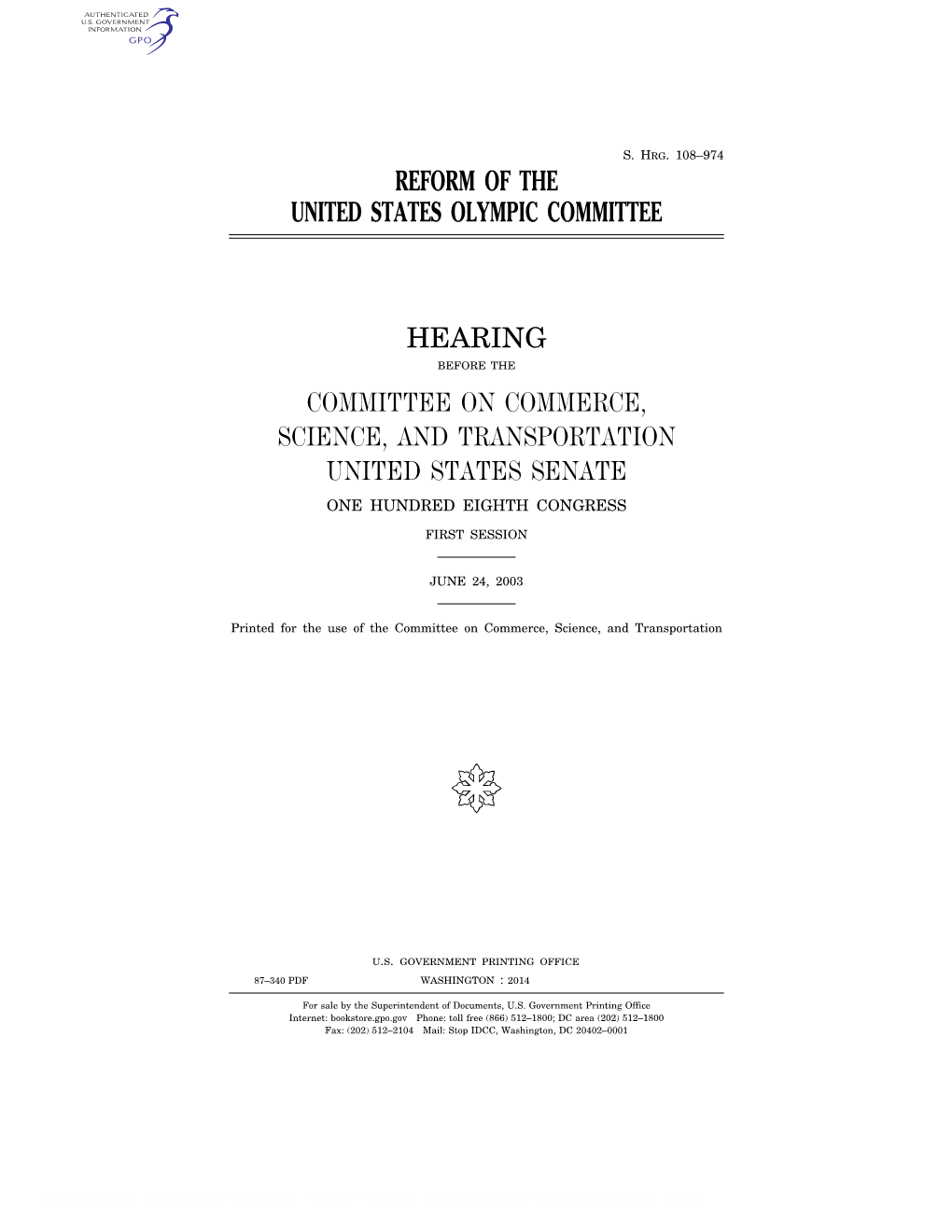 Reform of the United States Olympic Committee Hearing