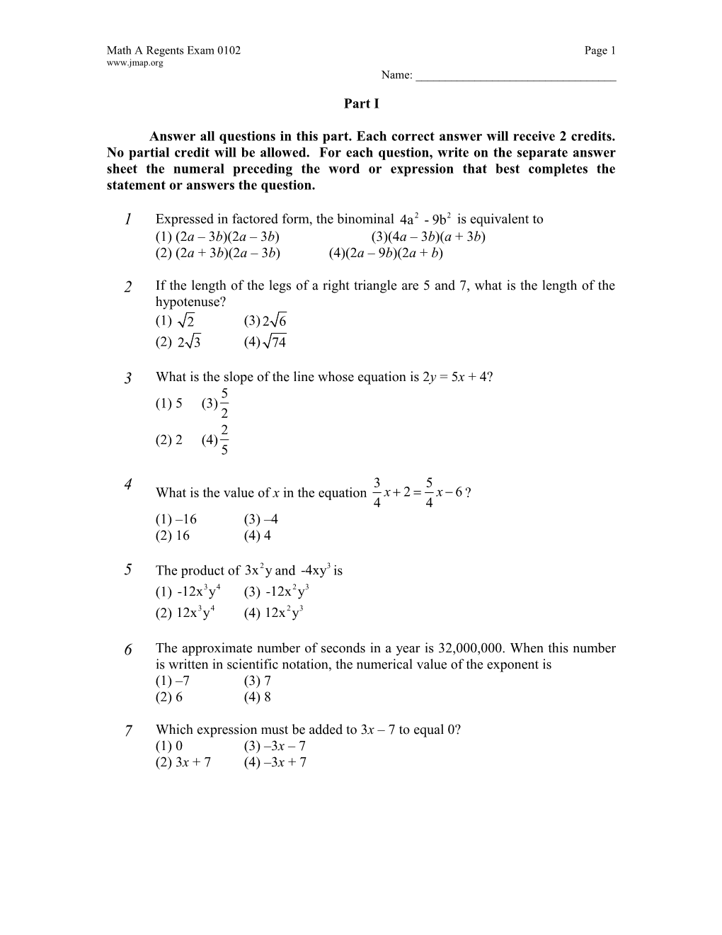 January 2002 Math a Regents Exam