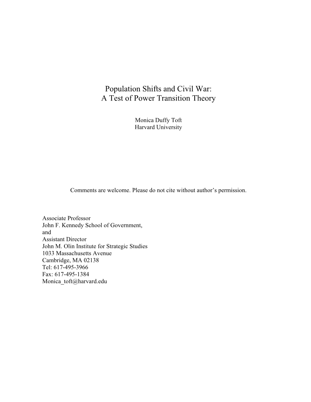 Population Shifts and Civil War: a Test of Power Transition Theory