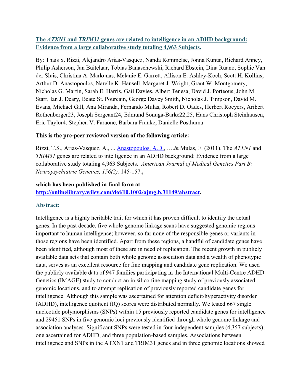 The ATXN1 and TRIM31 Genes Are Related to Intelligence in an ADHD Background: Evidence from a Large Collaborative Study Totaling 4,963 Subjects