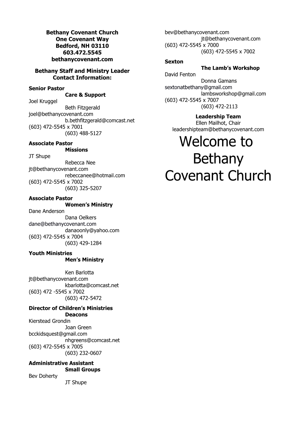 Bethany Staff and Ministry Leader Contact Information