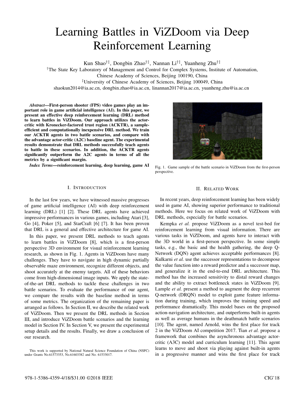 Learning Battles in Vizdoom Via Deep Reinforcement Learning