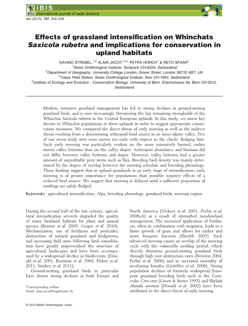 Effects of Grassland Intensification on Whinchats Saxicola Rubetra and Implications for Conservation in Upland Habitats