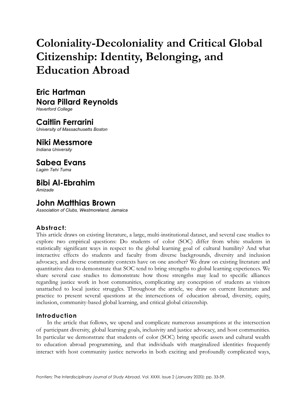 Coloniality-Decoloniality and Critical Global Citizenship: Identity, Belonging, and Education Abroad