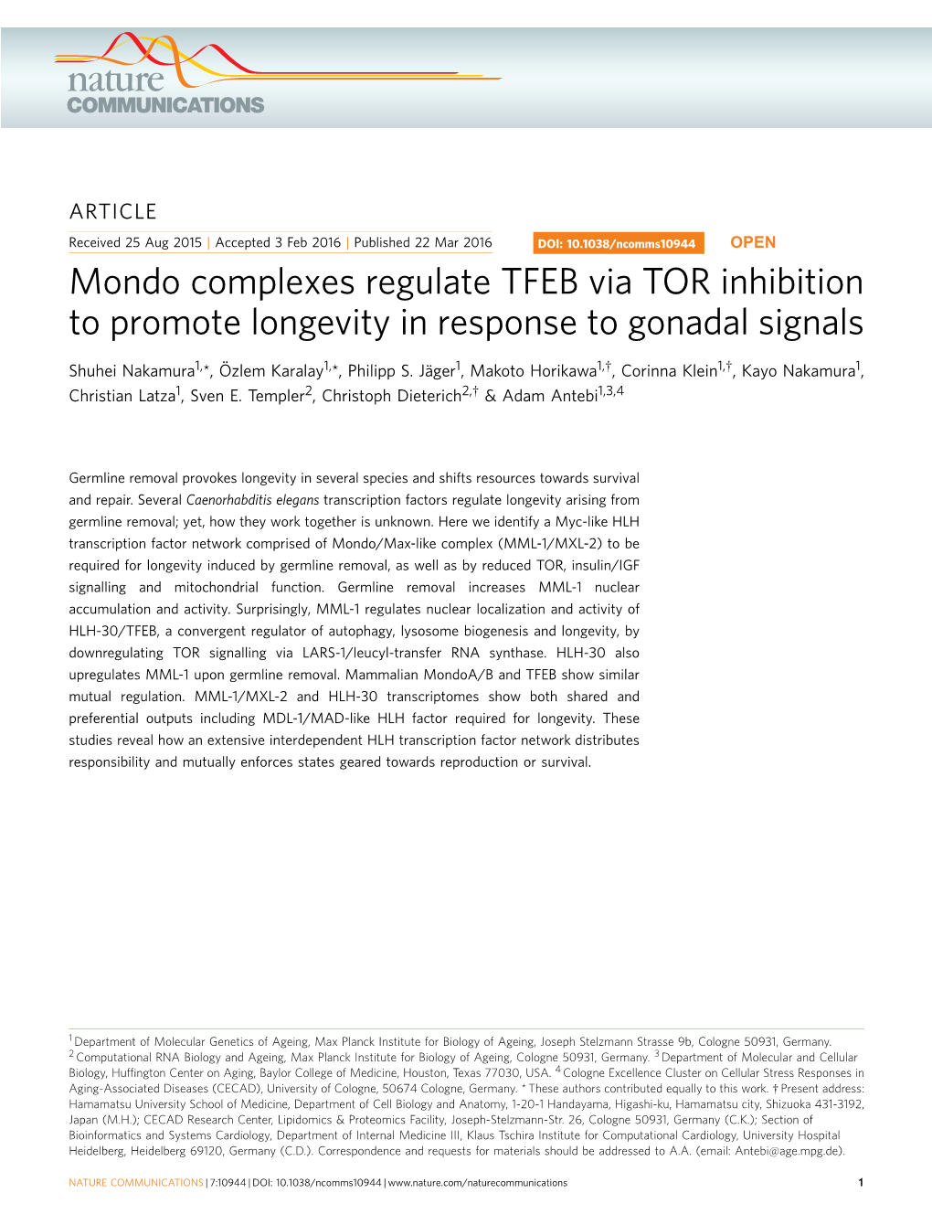Mondo Complexes Regulate TFEB Via TOR Inhibition to Promote Longevity in Response to Gonadal Signals