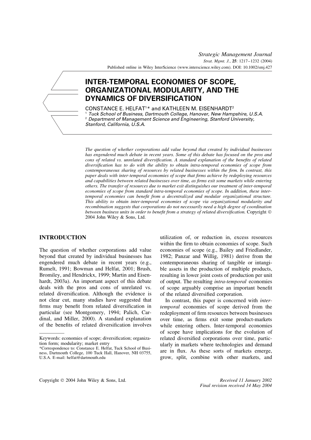 Inter-Temporal Economies of Scope, Organizational Modularity, and the Dynamics of Diversification Constance E