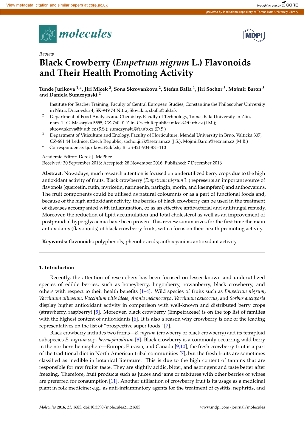 Black Crowberry (Empetrum Nigrum L.) Flavonoids and Their Health Promoting Activity