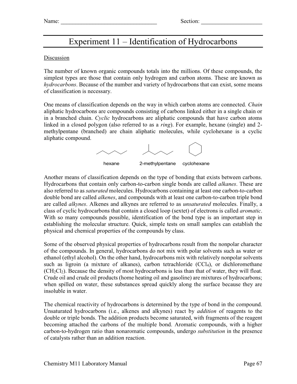 Experiment 11 – Identification of Hydrocarbons