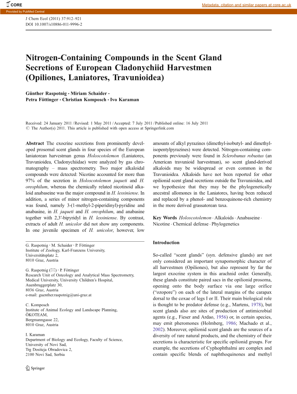 Nitrogen-Containing Compounds in the Scent Gland Secretions of European Cladonychiid Harvestmen (Opiliones, Laniatores, Travunioidea)