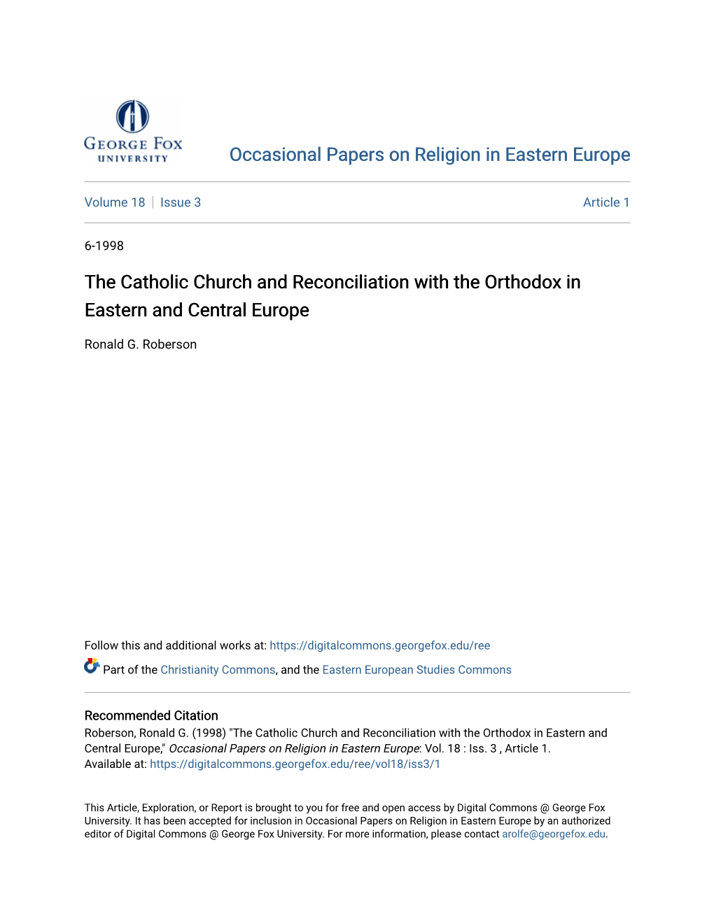 The Catholic Church and Reconciliation with the Orthodox in Eastern and Central Europe