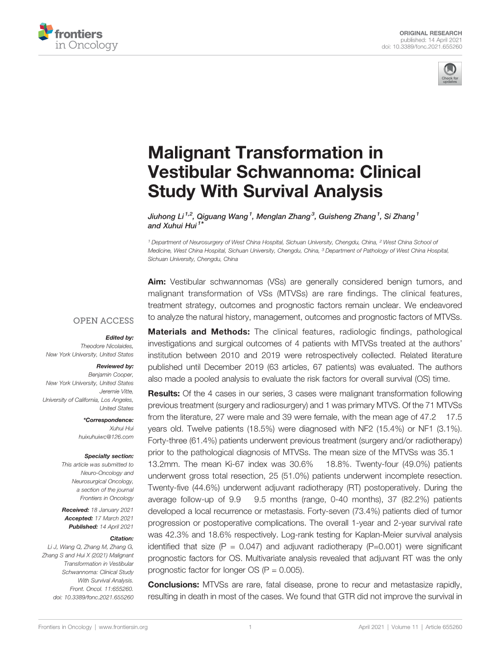 Malignant Transformation in Vestibular Schwannoma: Clinical Study with Survival Analysis