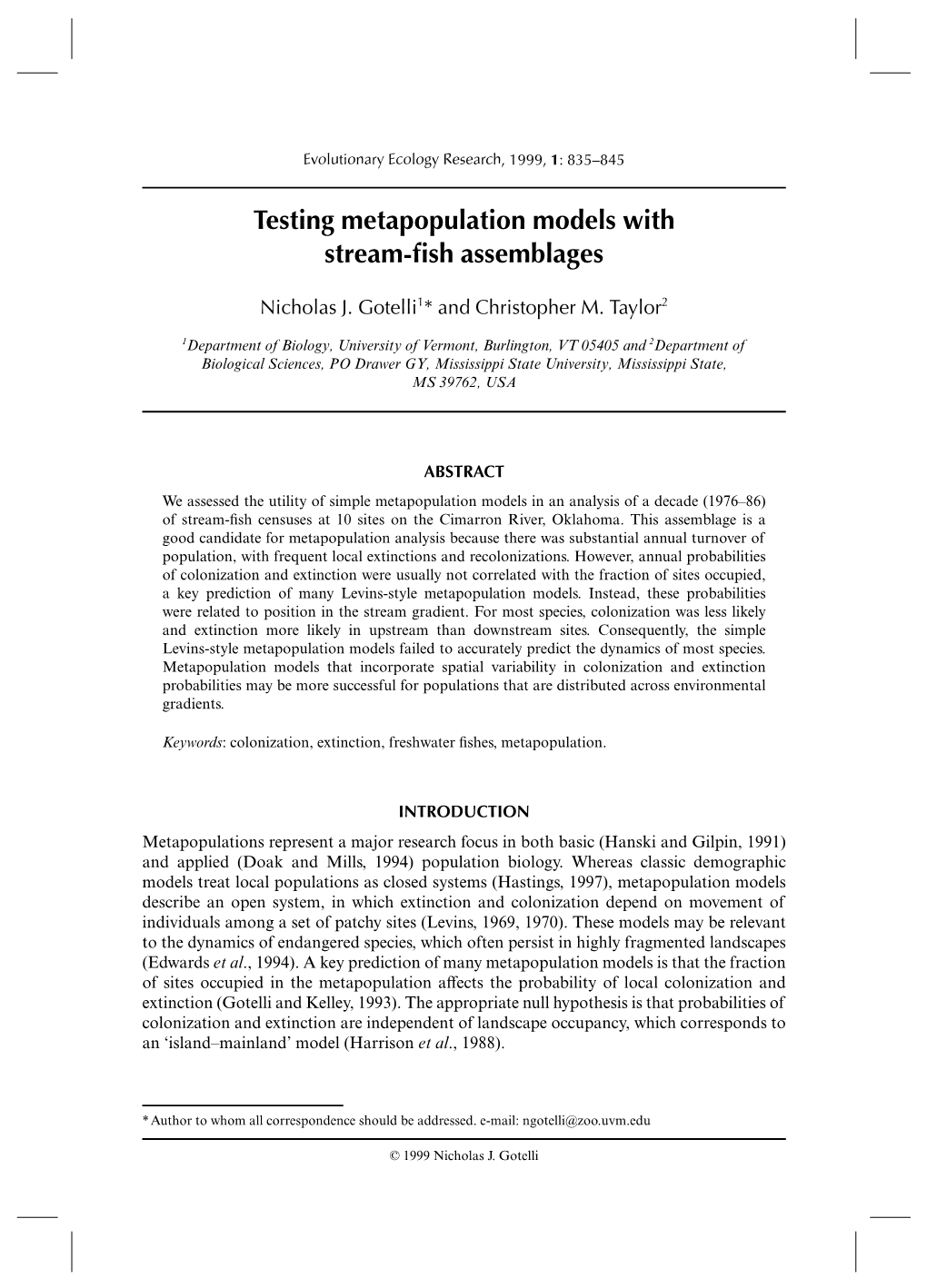 Testing Metapopulation Models with Stream-Fish Assemblages