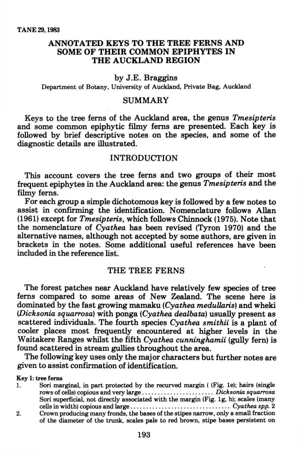 Annotated Keys to the Tree Ferns and Some of Their Common Epiphytes in the Auckland Region