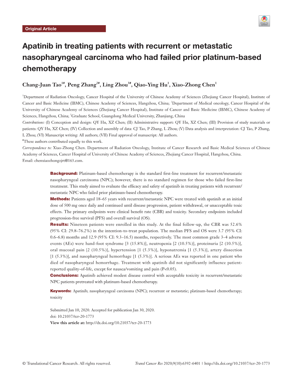 Apatinib in Treating Patients with Recurrent Or Metastatic Nasopharyngeal Carcinoma Who Had Failed Prior Platinum-Based Chemotherapy