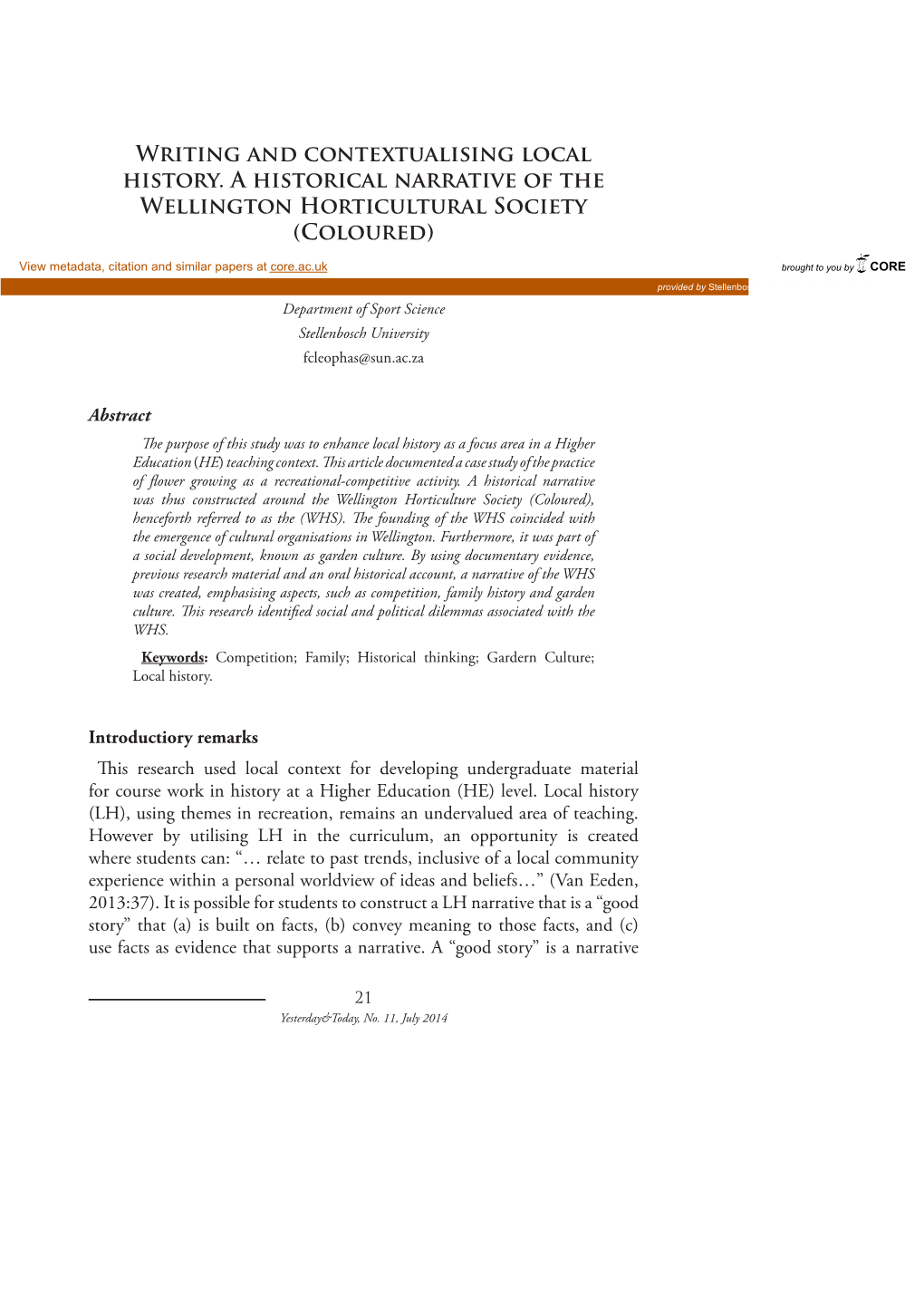 Writing and Contextualising Local History. a Historical Narrative of the Wellington Horticultural Society (Coloured)