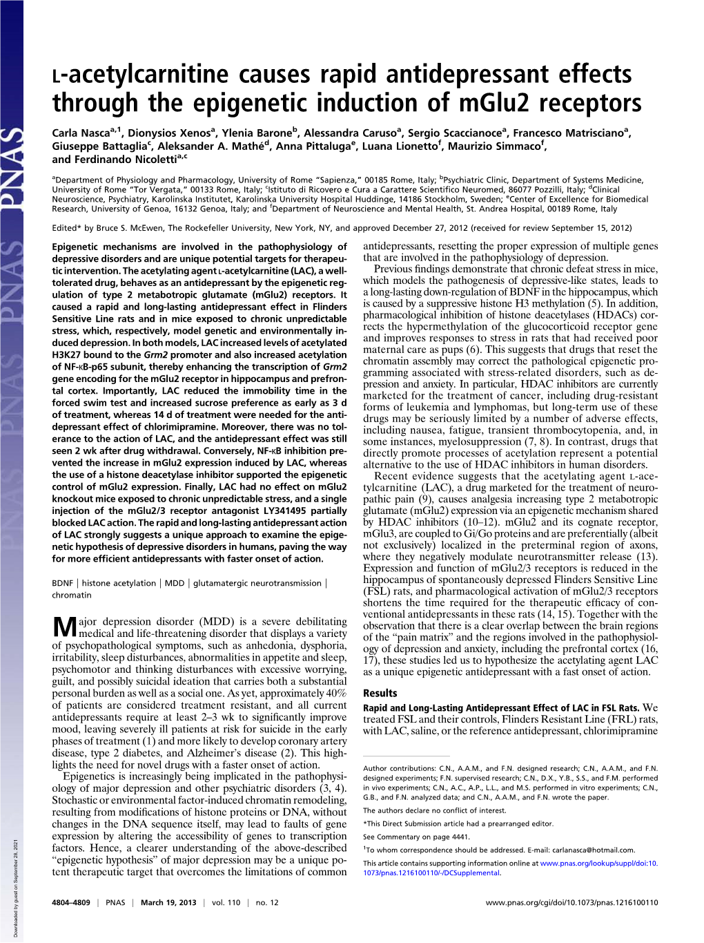 L-Acetylcarnitine Causes Rapid Antidepressant Effects Through the Epigenetic Induction of Mglu2 Receptors