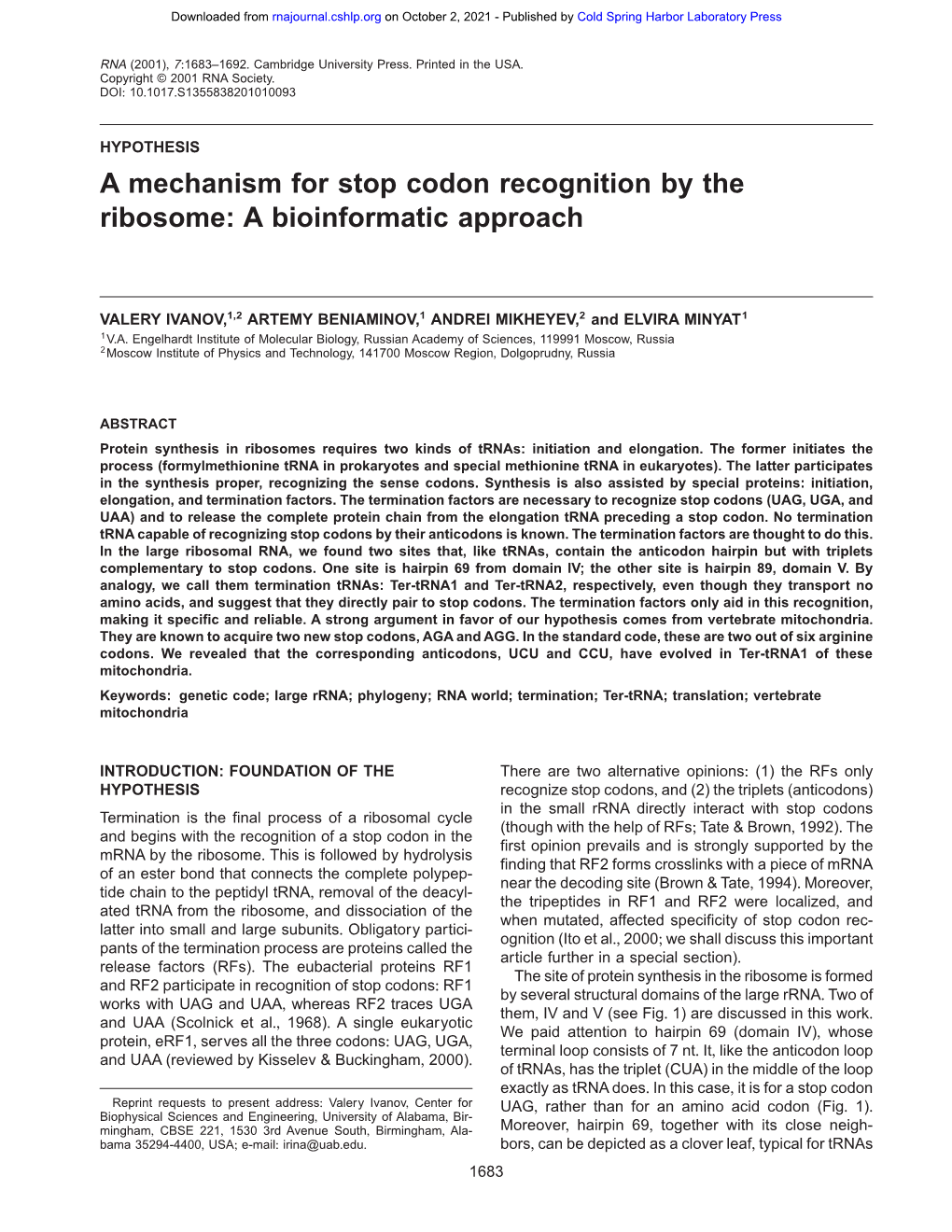 A Mechanism for Stop Codon Recognition by the Ribosome: a Bioinformatic Approach