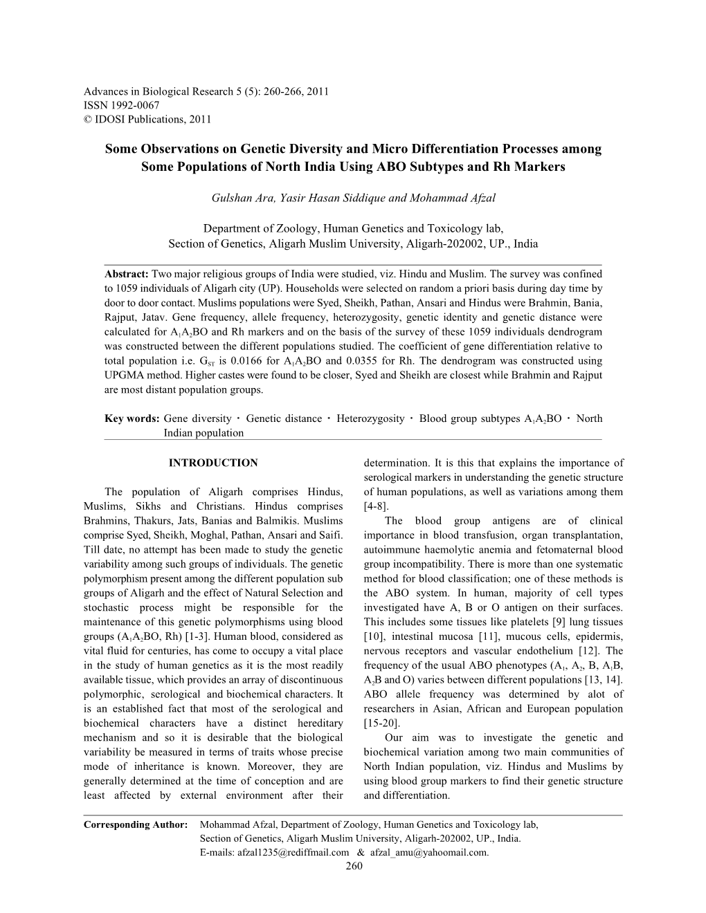 Some Observations on Genetic Diversity and Micro Differentiation Processes Among Some Populations of North India Using ABO Subtypes and Rh Markers