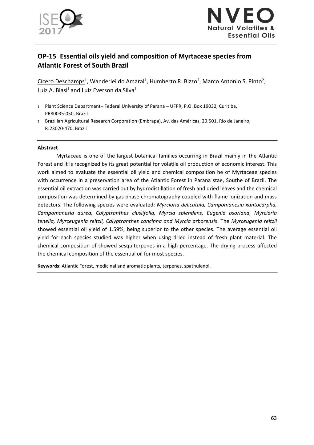 OP-15 Essential Oils Yield and Composition of Myrtaceae Species from Atlantic Forest of South Brazil